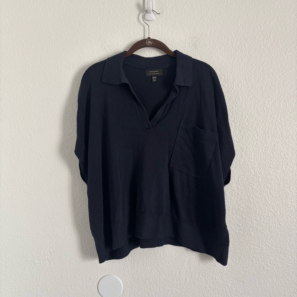 Banana Republic Size XS/S Navy Blue Oversized Johnny-Collar Short Sleeve Sweater - Picture 2 of 5